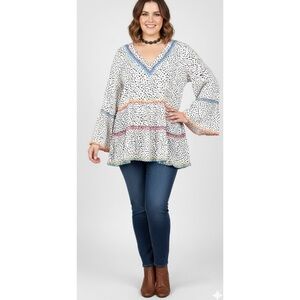 SAVANNA JANE POLKA DOT BABYDOLL TOP 2X EMBROIDERED BELL SLV COACHELLA COQUETTE